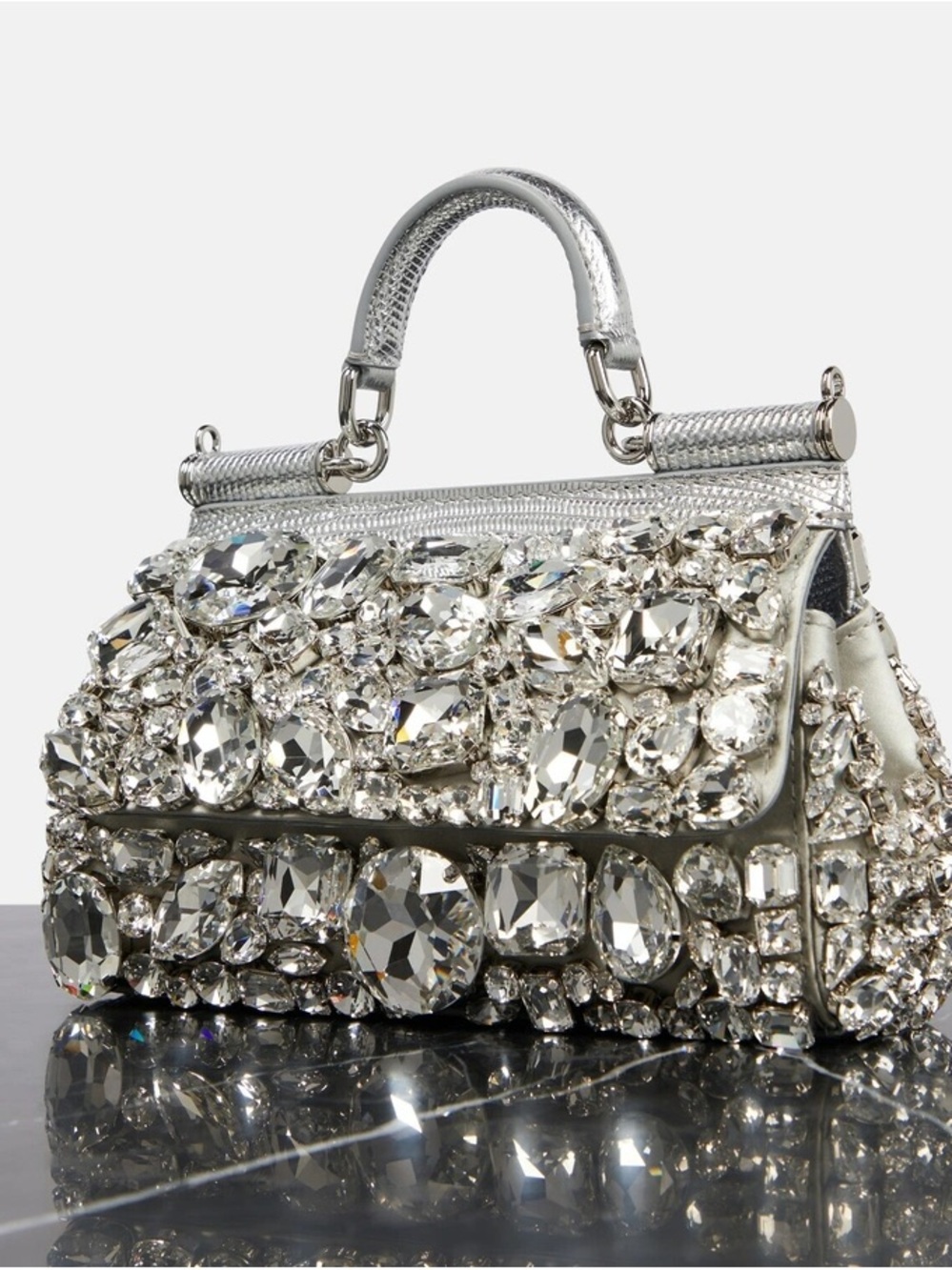 Dolce & Gabbana Silver Crystal-Embellished Top Handle Clutch